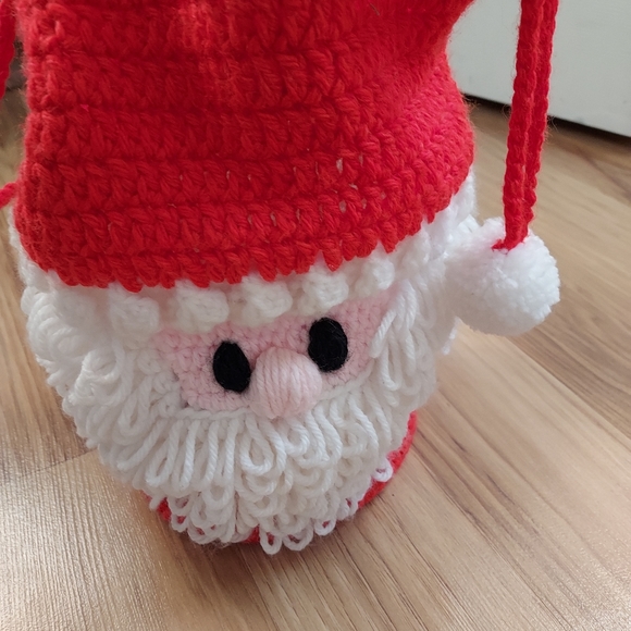 Vintage Handmade Crochet Knit Santa Face Purse Bag Sack Pom Pom Drawstring Red - Picture 3 of 8